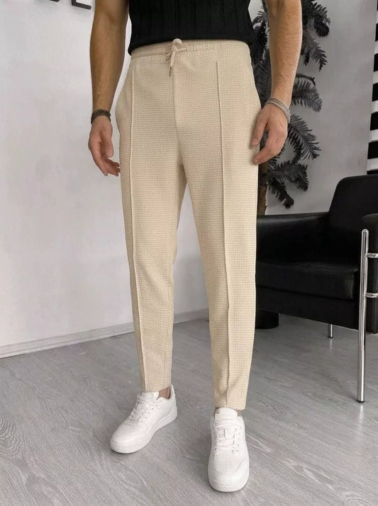Waffle Knit Tapered Trousers — Black / White / Khaki / Wine Red