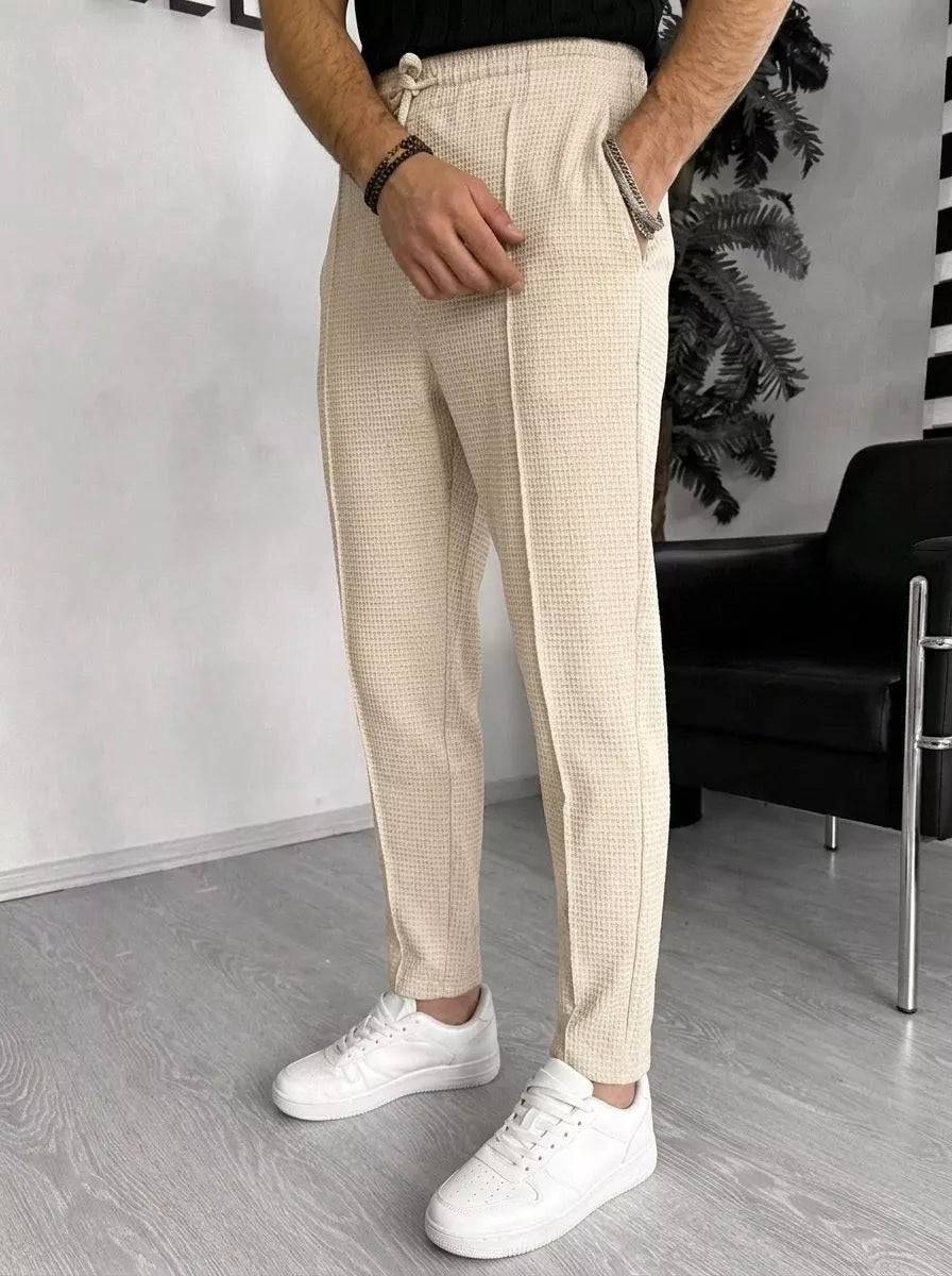 Waffle Knit Tapered Trousers — Black / White / Khaki / Wine Red - Alex Shogun Men's Clothes