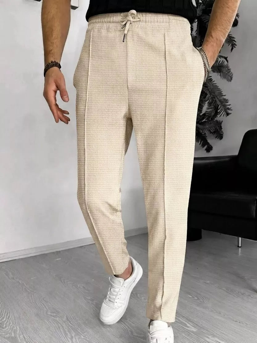 Waffle Knit Tapered Trousers — Black / White / Khaki / Wine Red - Alex Shogun Men's Clothes