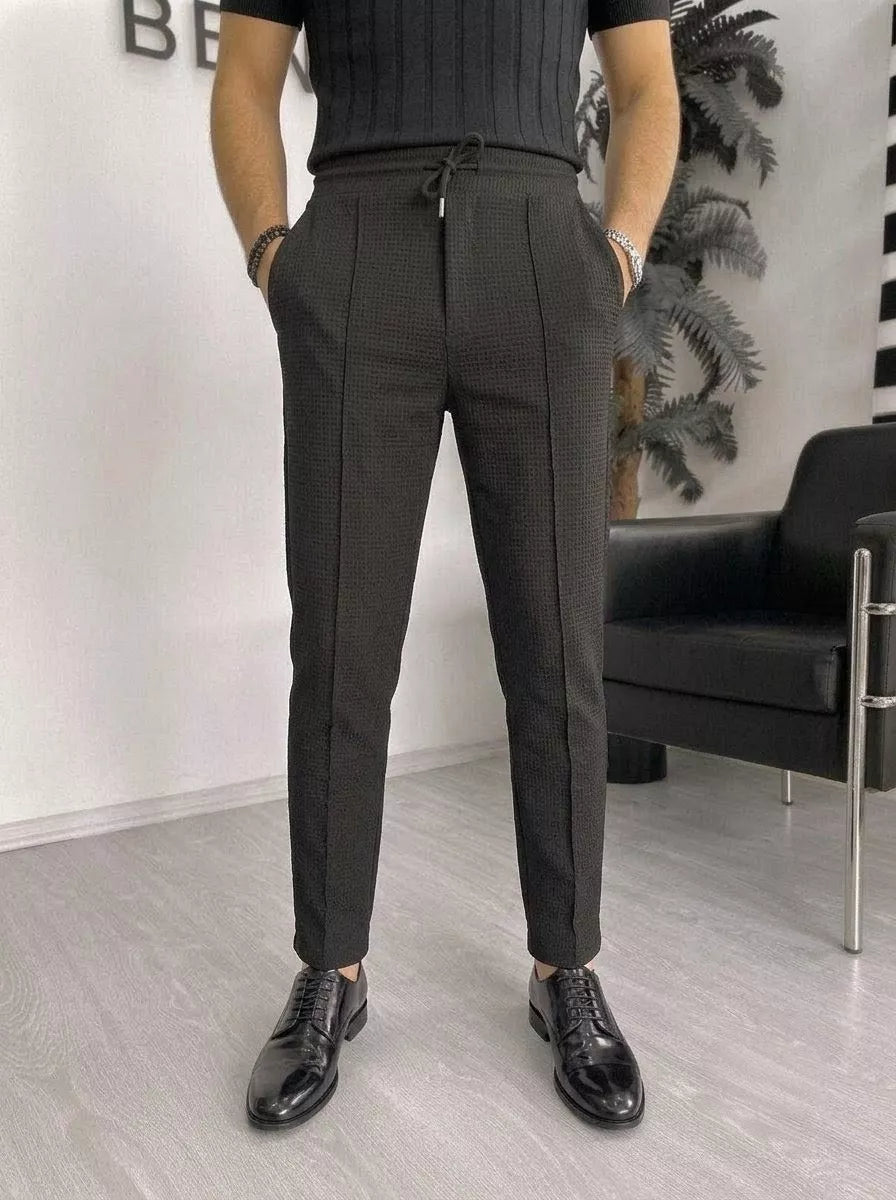 Waffle Knit Tapered Trousers — Black / White / Khaki / Wine Red - Alex Shogun Men's Clothes