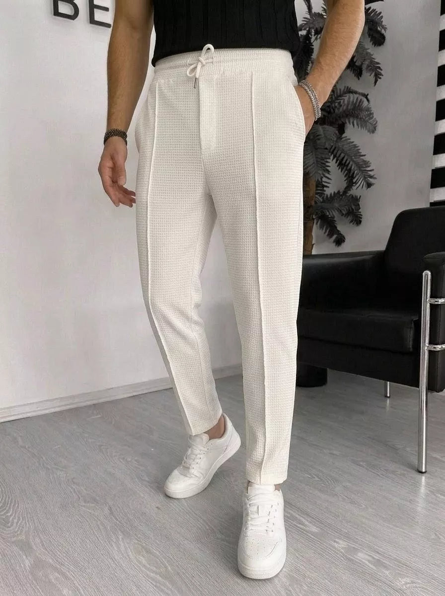 Waffle Knit Tapered Trousers — Black / White / Khaki / Wine Red - Alex Shogun Men's Clothes