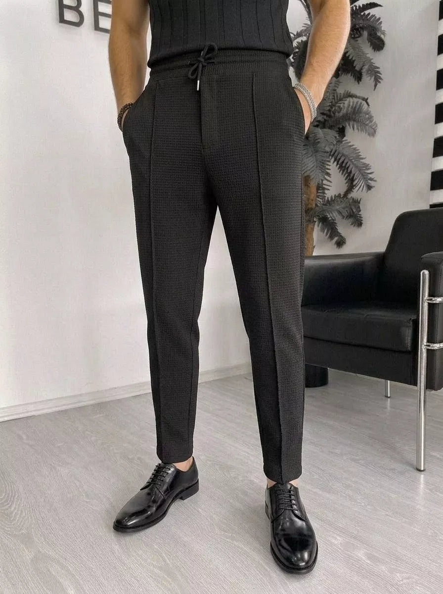 Waffle Knit Tapered Trousers — Black / White / Khaki / Wine Red - Alex Shogun Men's Clothes