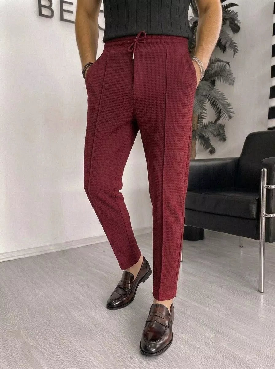 Waffle Knit Tapered Trousers — Black / White / Khaki / Wine Red - Alex Shogun Men's Clothes