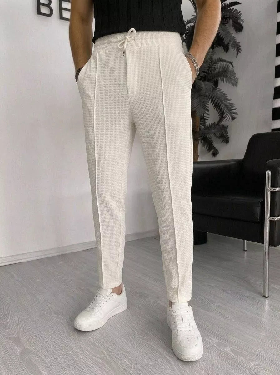 Waffle Knit Tapered Trousers — Black / White / Khaki / Wine Red - Alex Shogun Men's Clothes