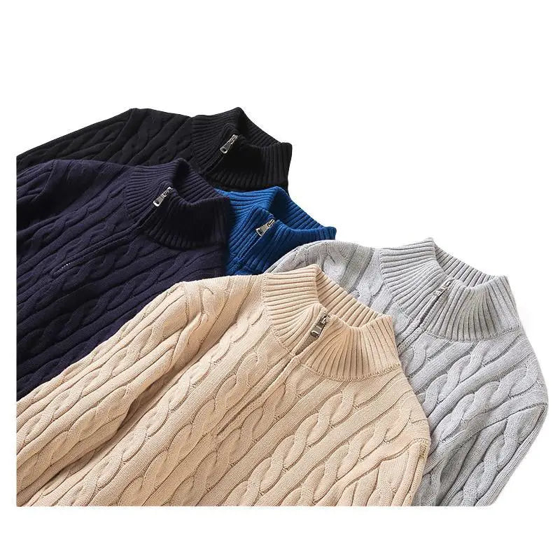 Zip-Neck Cotton Crew Sweater - Cozy Cable Knit Quarter Zip Sweater | Elevate Your Fall Style Alex Shogun Men's Clothes