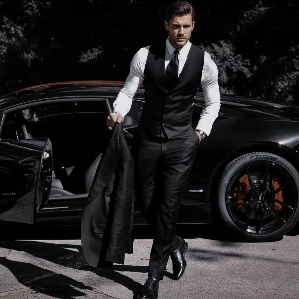 Man in a suit standing next to a black car with trees in the background