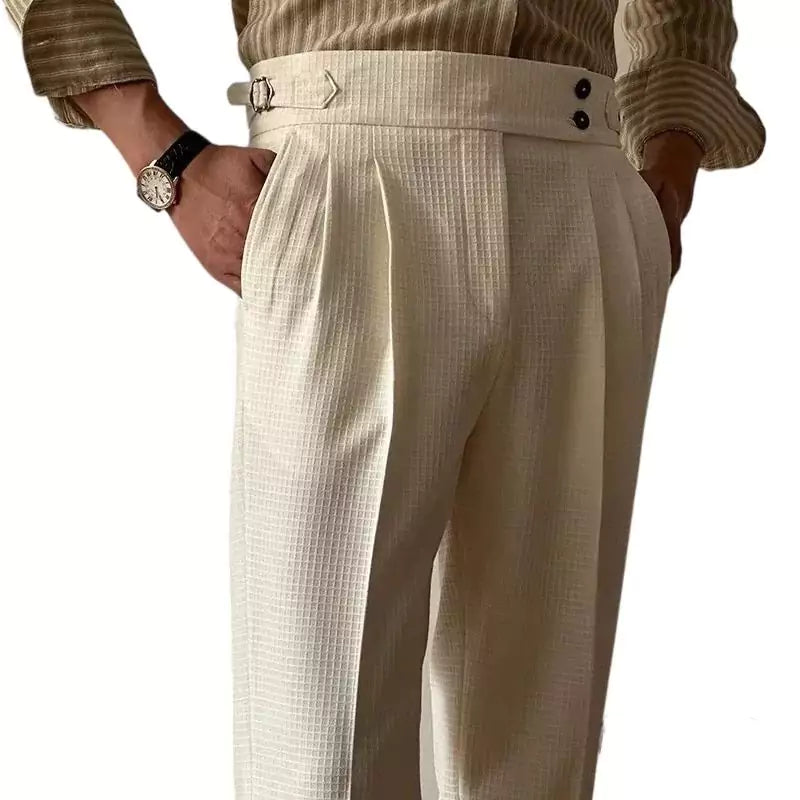 Men's High-Waist Waffle Knit Trousers -  #  pants Shop Comfort Men's High-Waist Pants - Stylish for Old Money Style 