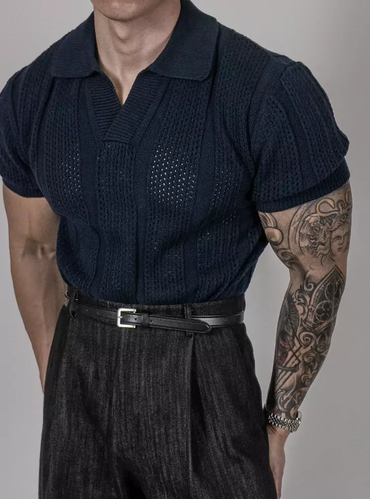 Vintage Hollow Out Knit Polo Shirt - High-Quality Men's Vintage Knit Polo Shirt - Comfortable & Breathable Alex Shogun Men's Clothes