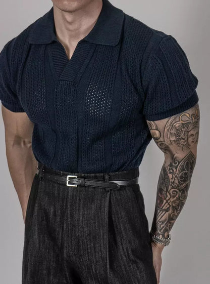 Vintage Hollow Out Knit Polo Shirt - High-Quality Men's Vintage Knit Polo Shirt - Comfortable & Breathable Alex Shogun Men's Clothes