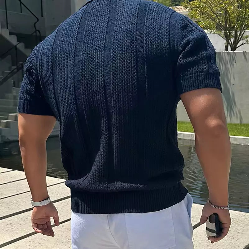 Vintage Hollow Out Knit Polo Shirt - High-Quality Men's Vintage Knit Polo Shirt - Comfortable & Breathable Alex Shogun Men's Clothes
