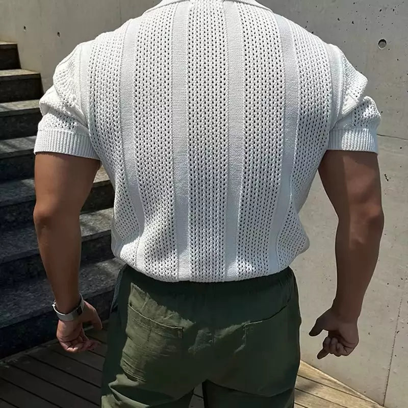 Vintage Hollow Out Knit Polo Shirt - High-Quality Men's Vintage Knit Polo Shirt - Comfortable & Breathable Alex Shogun Men's Clothes