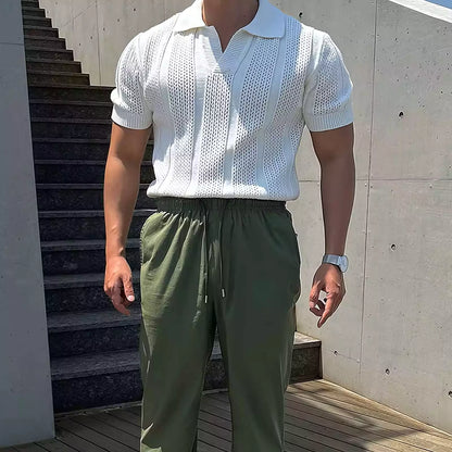 Vintage Hollow Out Knit Polo Shirt - High-Quality Men's Vintage Knit Polo Shirt - Comfortable & Breathable Alex Shogun Men's Clothes
