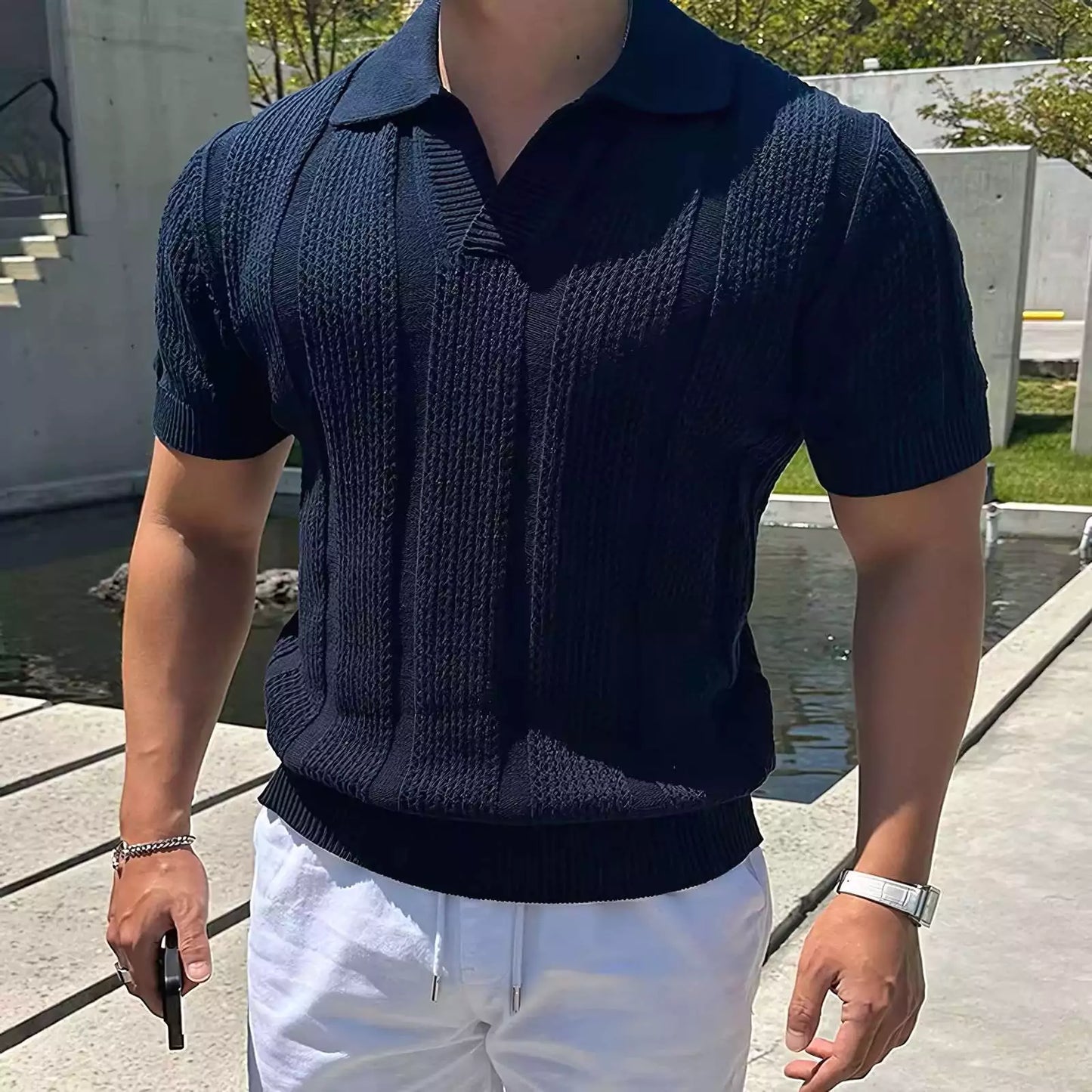 Vintage Hollow Out Knit Polo Shirt - High-Quality Men's Vintage Knit Polo Shirt - Comfortable & Breathable Alex Shogun Men's Clothes