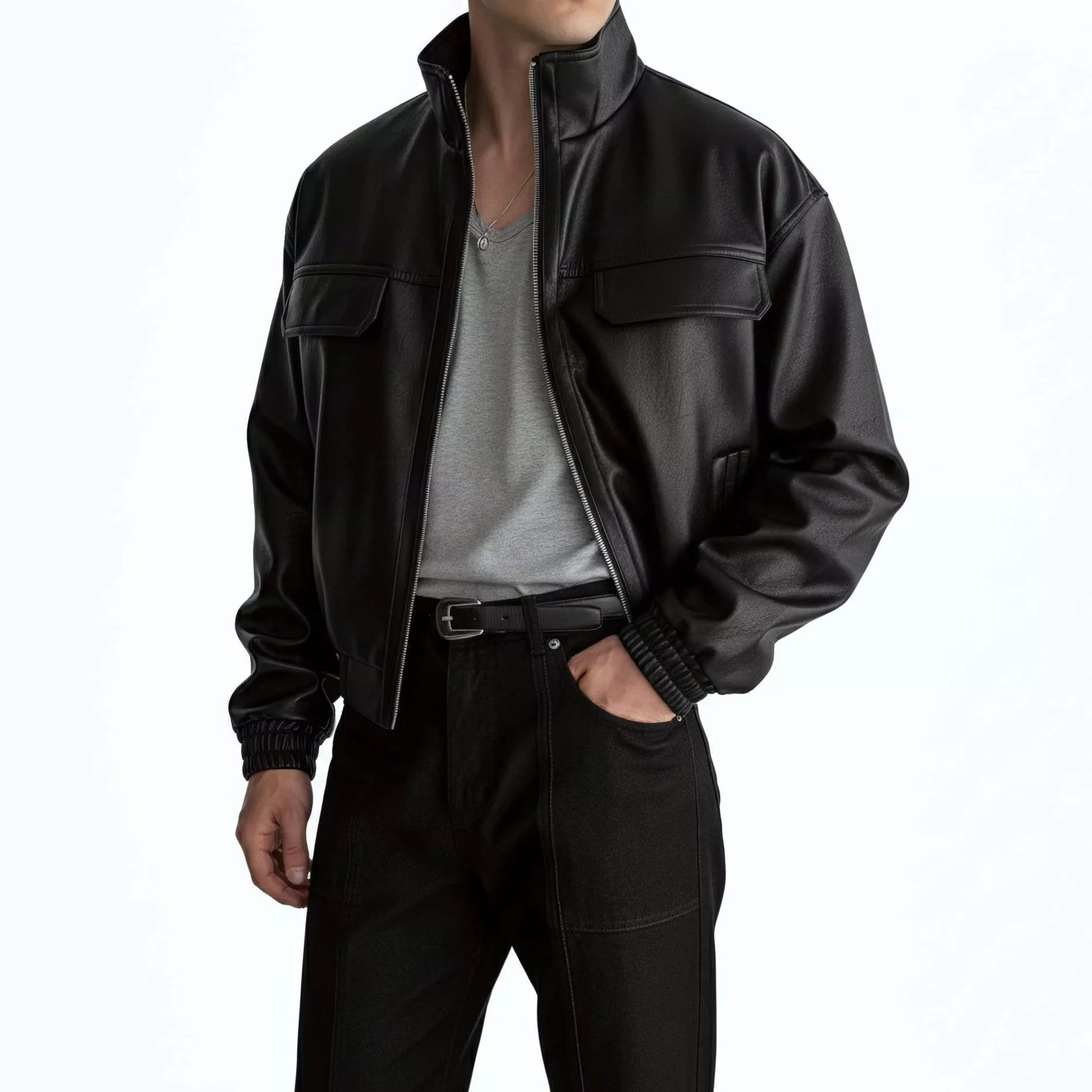 Men's Faux Leather Bomber Jacket | Stand Collar, Urban & Versatile