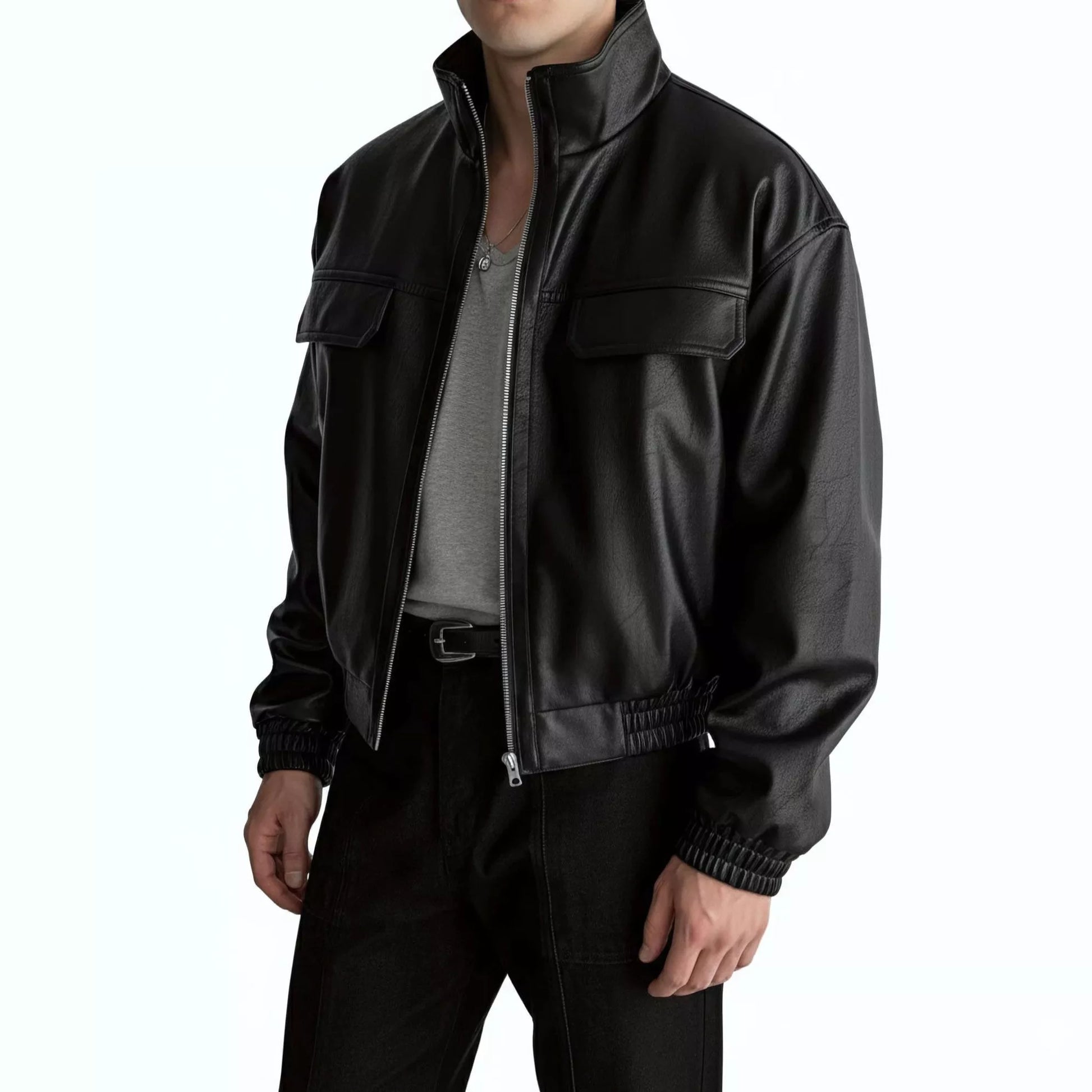 Maverick Stand Collar Leatherette Jacket - Maverick Stand Collar Leatherette Jacket Alex Shogun Men's Clothes