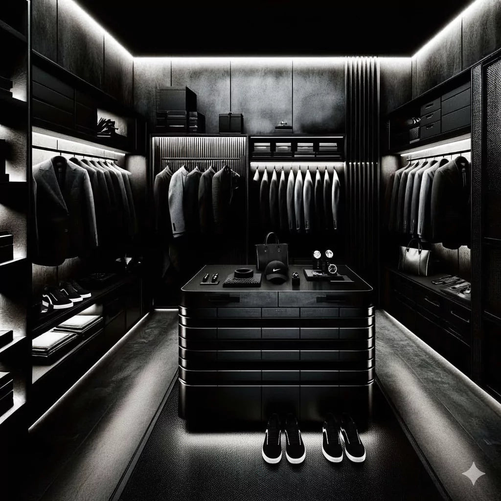 Modern walk-in closet with dark wood finish and illuminated shelves.
