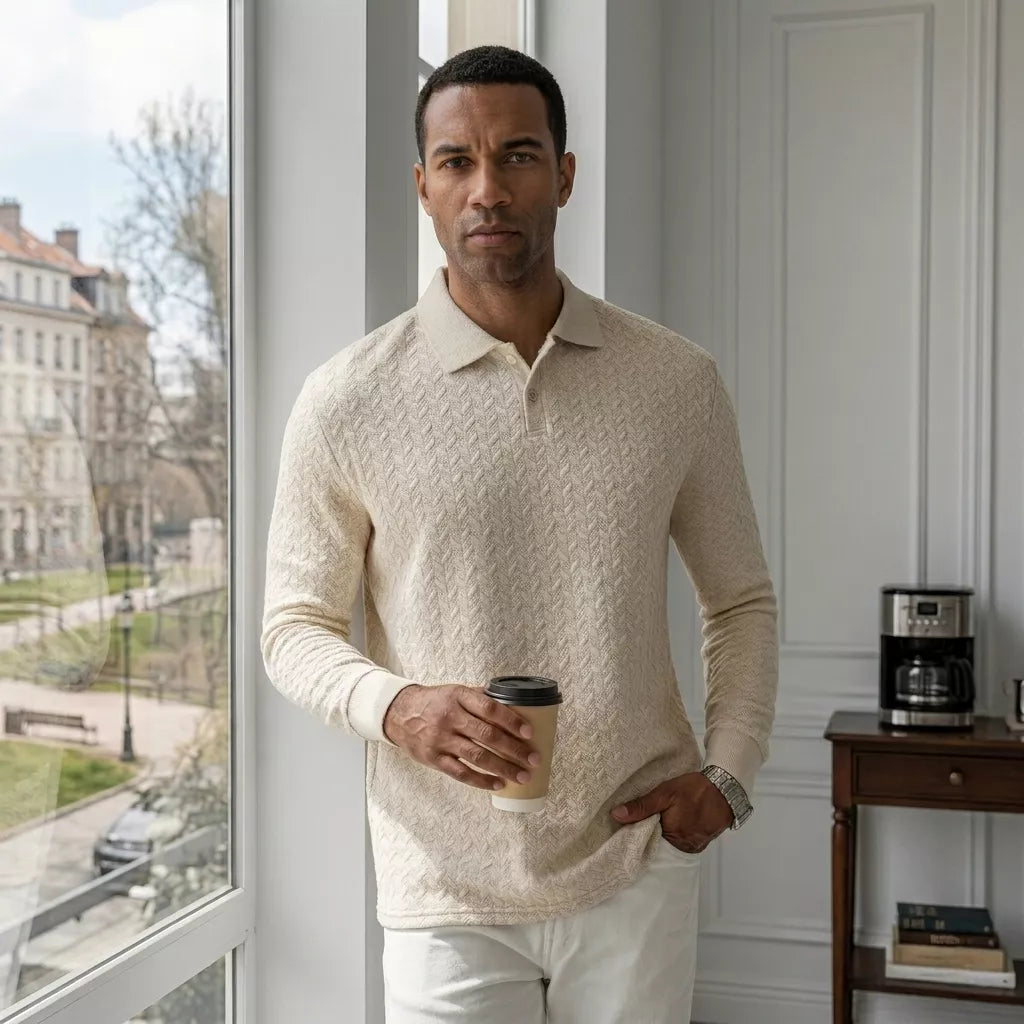 The Herringbone Long-Sleeve Knit Polo - Herringbone Knit Polo —  | Long Sleeve | AlexShogun.store Alex Shogun Men's Clothes