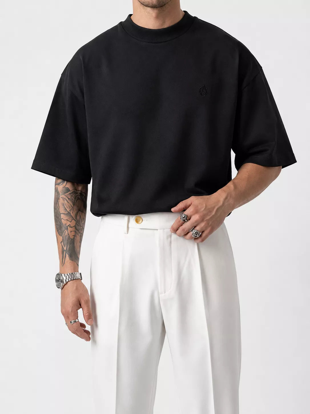 Heavyweight Oversized Mock-Neck T-Shirt - Men's Heavyweight Mock Neck T-Shirt | Dark Aesthetic | Alex Shogun Alex Shogun Men's Clothes
