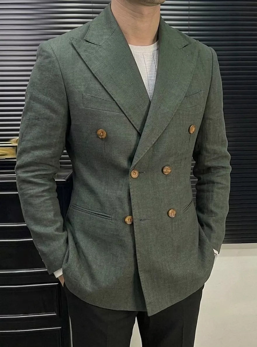 Linen Double Breasted Blazer — Black / White / Forest Green