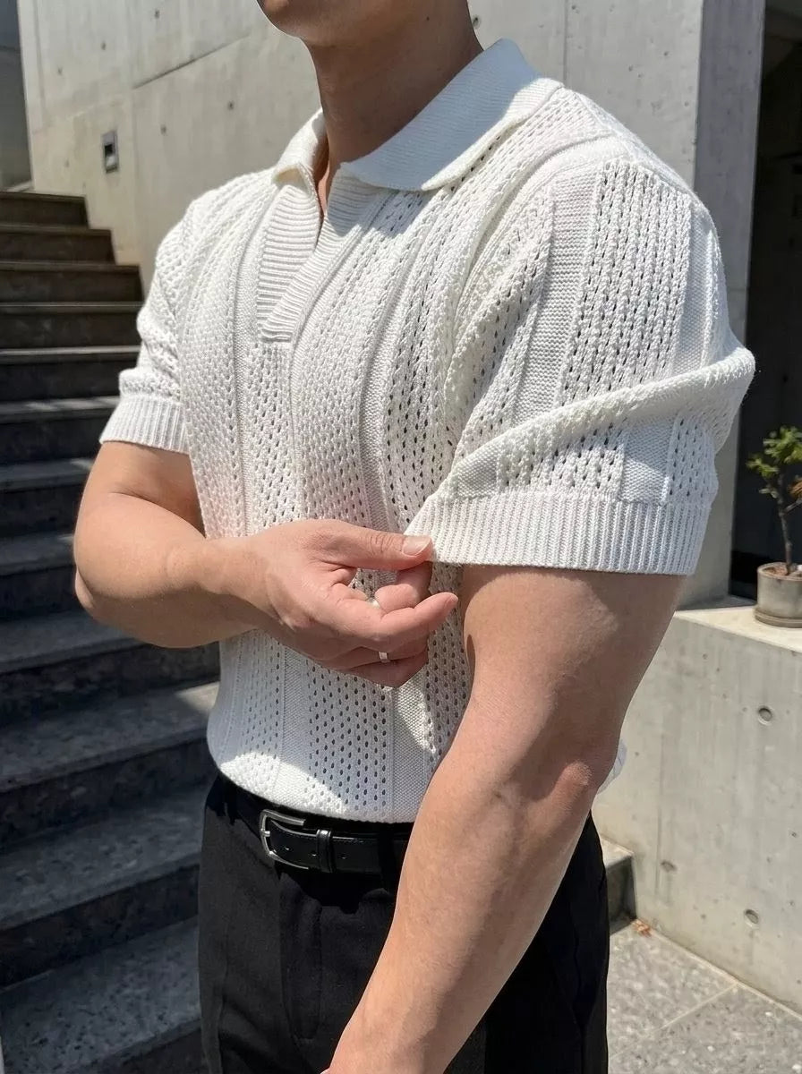 Hollow Out Knit Polo Shirt