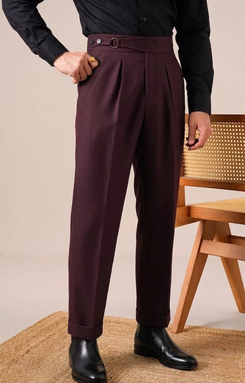 Double Pleat High-Waist Trousers | Burgundy & Black - Men's High-Waist Double Pleat Trousers | Dress Pants | AlexShogun Alex Shogun Men's Clothes