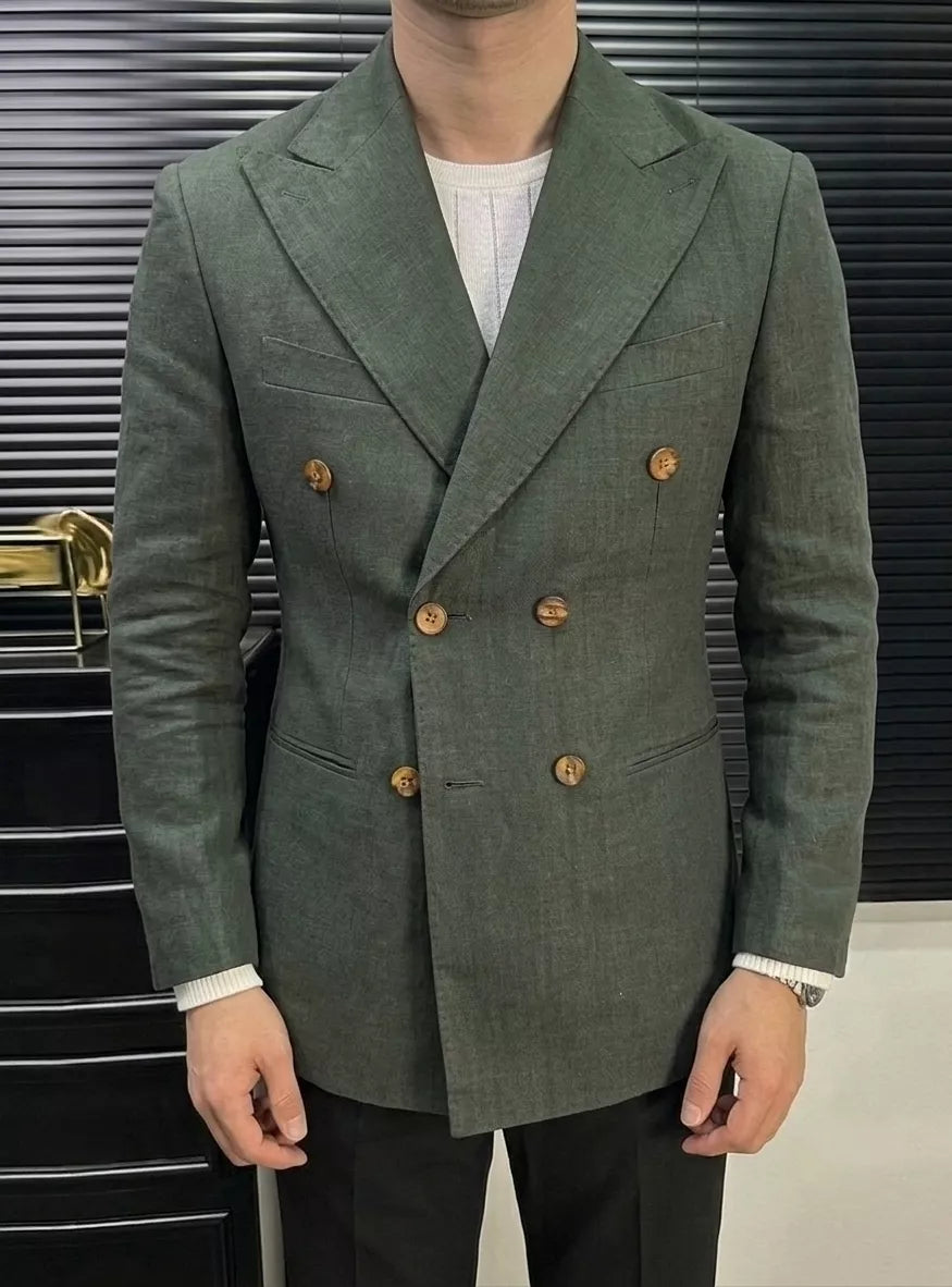 Linen Double Breasted Blazer — Black / White / Forest Green