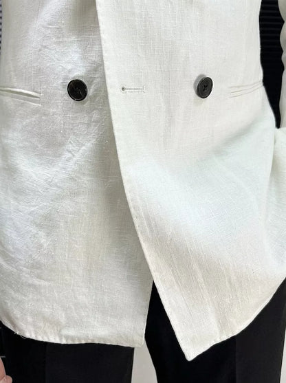 Linen Double Breasted Blazer — Black / White / Forest Green