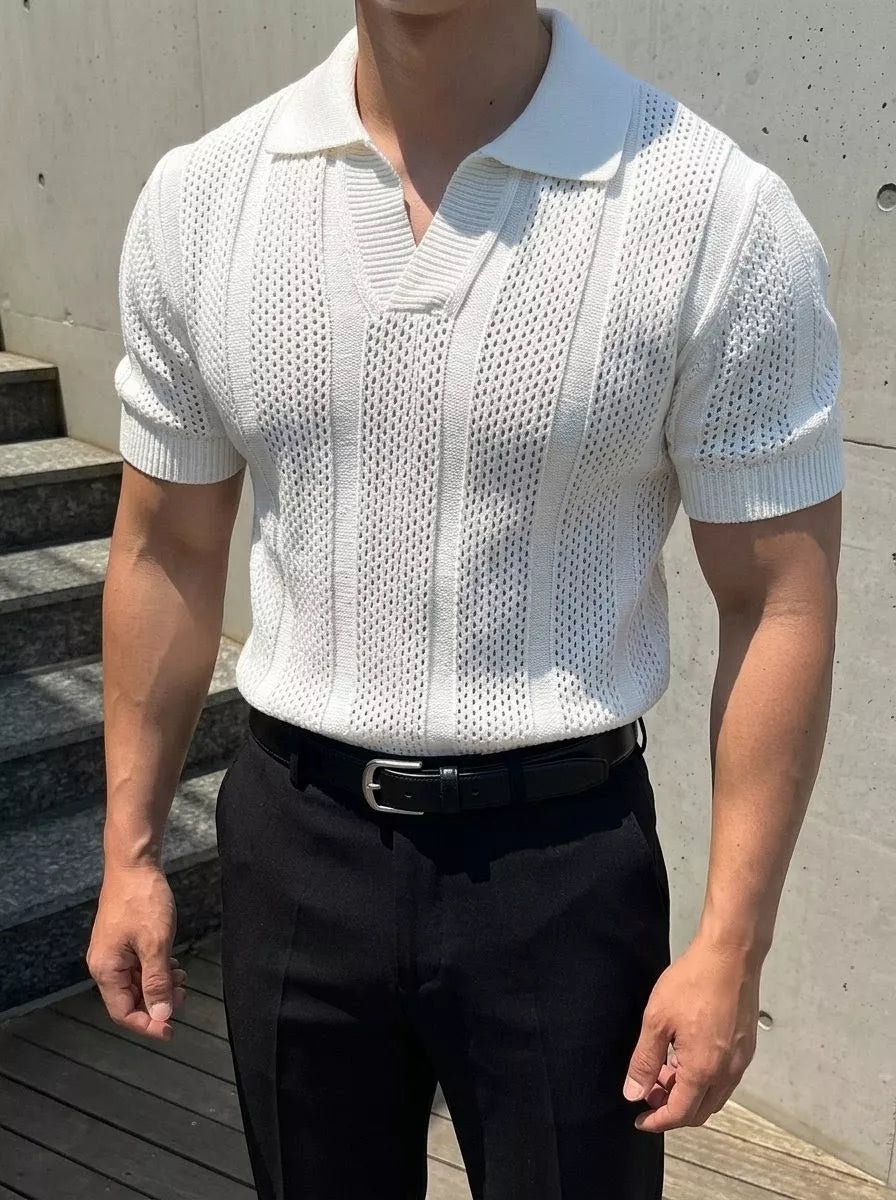 Hollow Out Knit Polo Shirt
