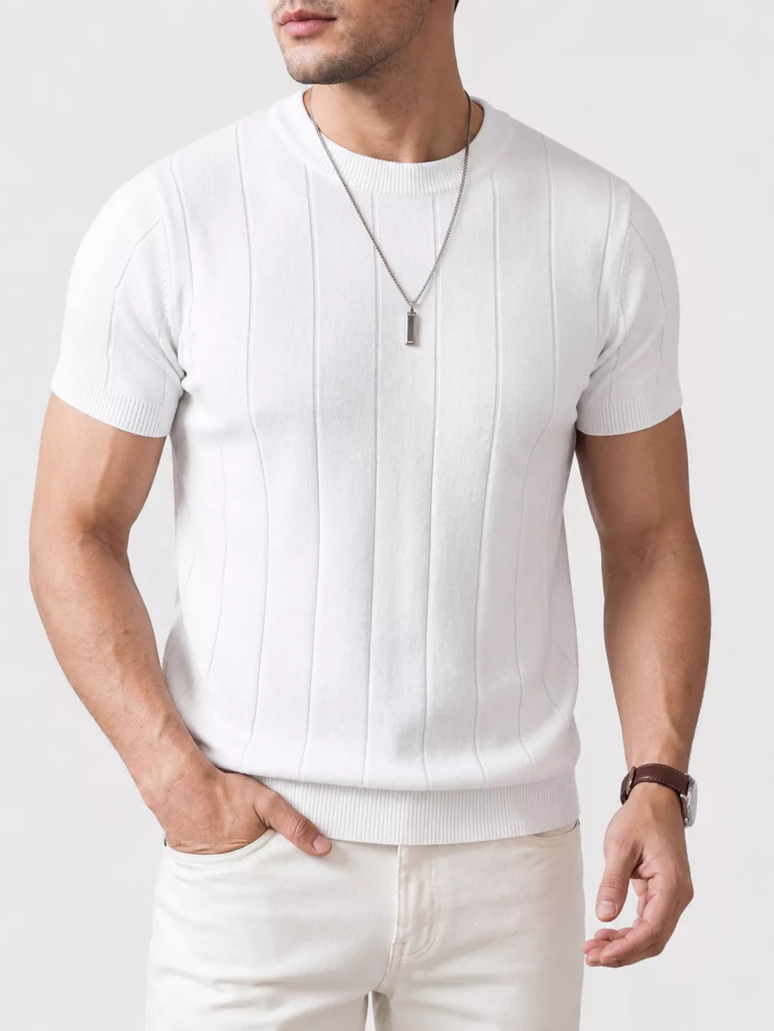 Vertical Rib Knit Tee — Red Whine | Coffee | White