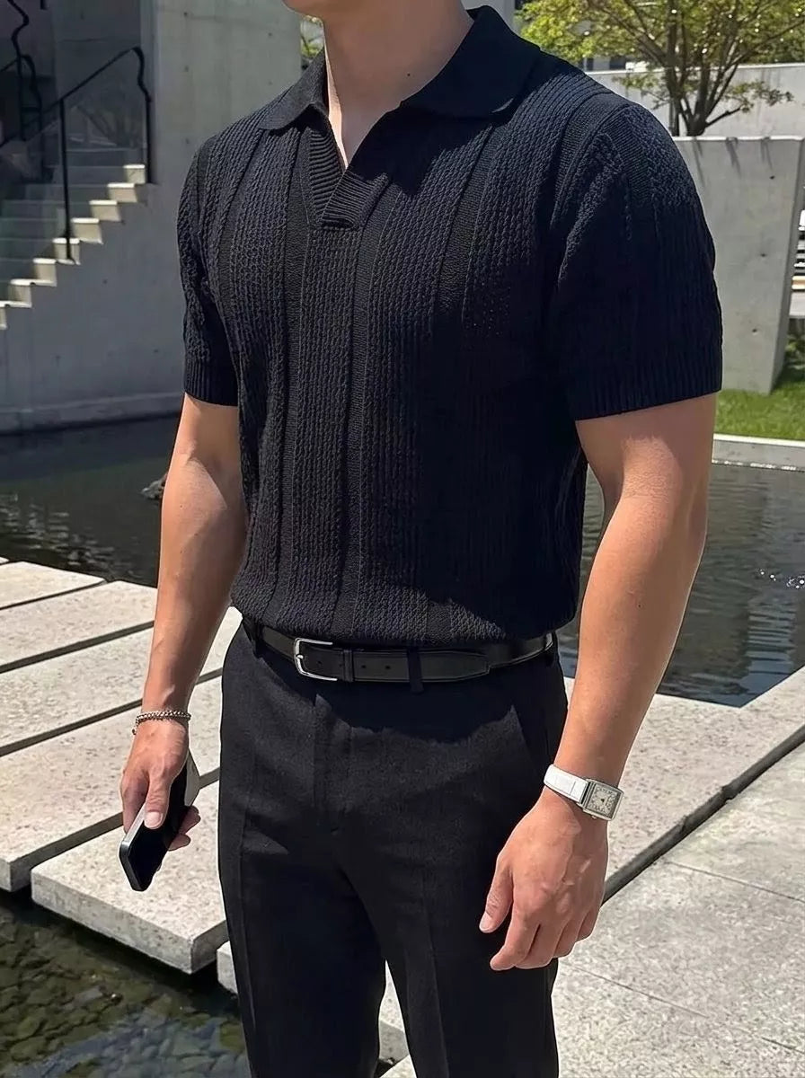 Hollow Out Knit Polo Shirt
