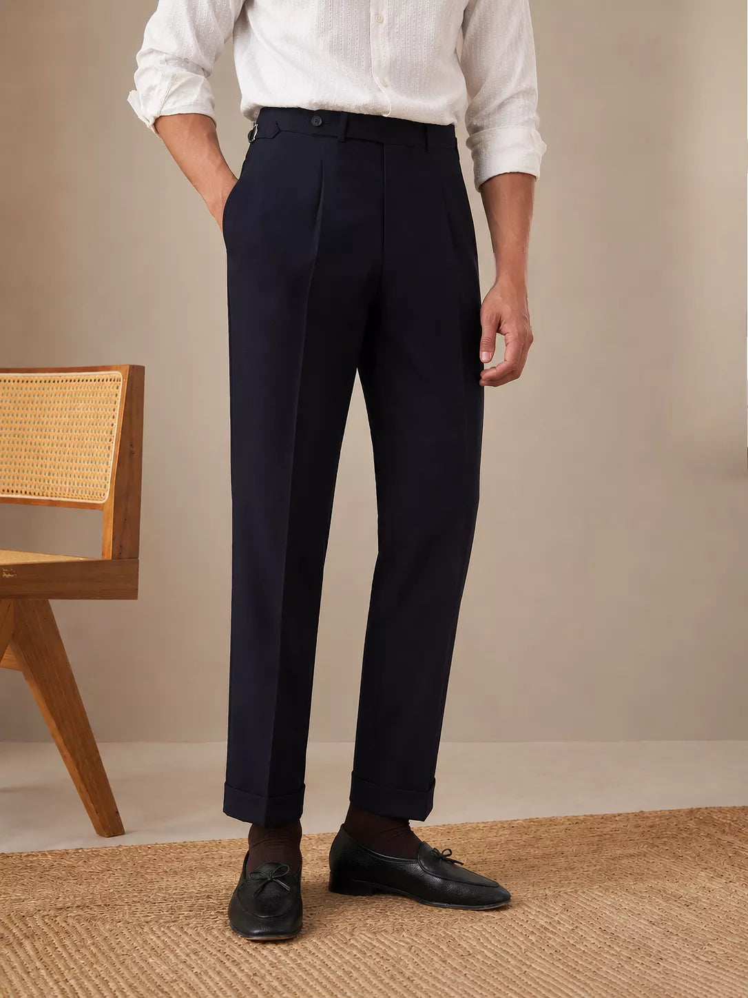 Sovereign Pleat Trousers — Black & Navy - Men's High-Waist Pleated Wool Blend Trousers | Dress Pants AlexShogun Alex Shogun Men's Clothes