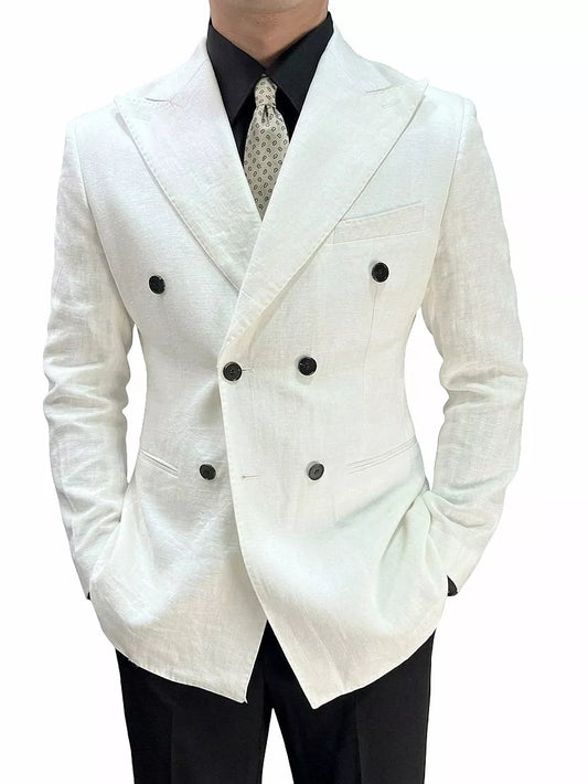 Linen Double Breasted Blazer — Black / White / Forest Green