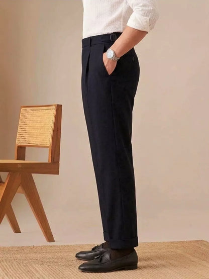 Sovereign Pleat Trousers — Black & Navy - Men's High-Waist Pleated Wool Blend Trousers | Dress Pants AlexShogun Alex Shogun Men's Clothes