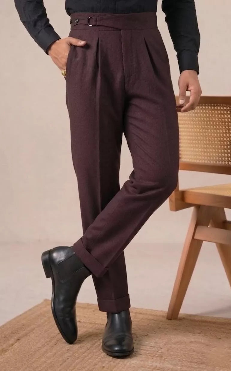 Double Pleat High-Waist Trousers | Burgundy & Black - Alex Shogun Men's Clothes
