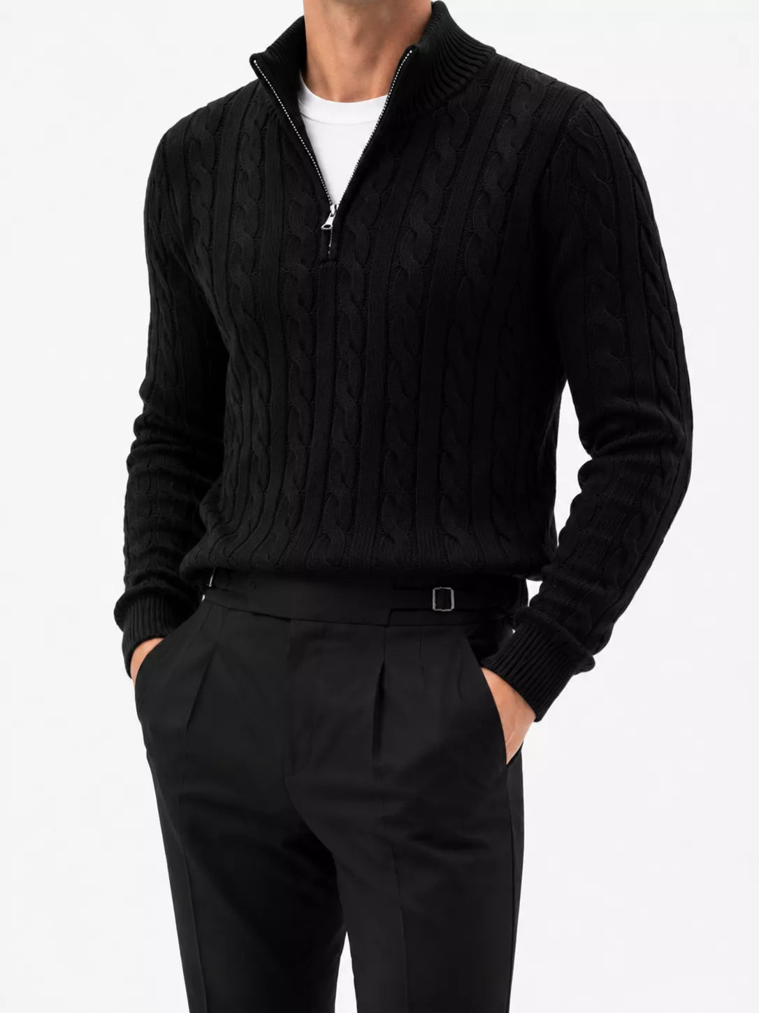 Zopfmuster-Strickpullover mit kurzem Reißverschluss
