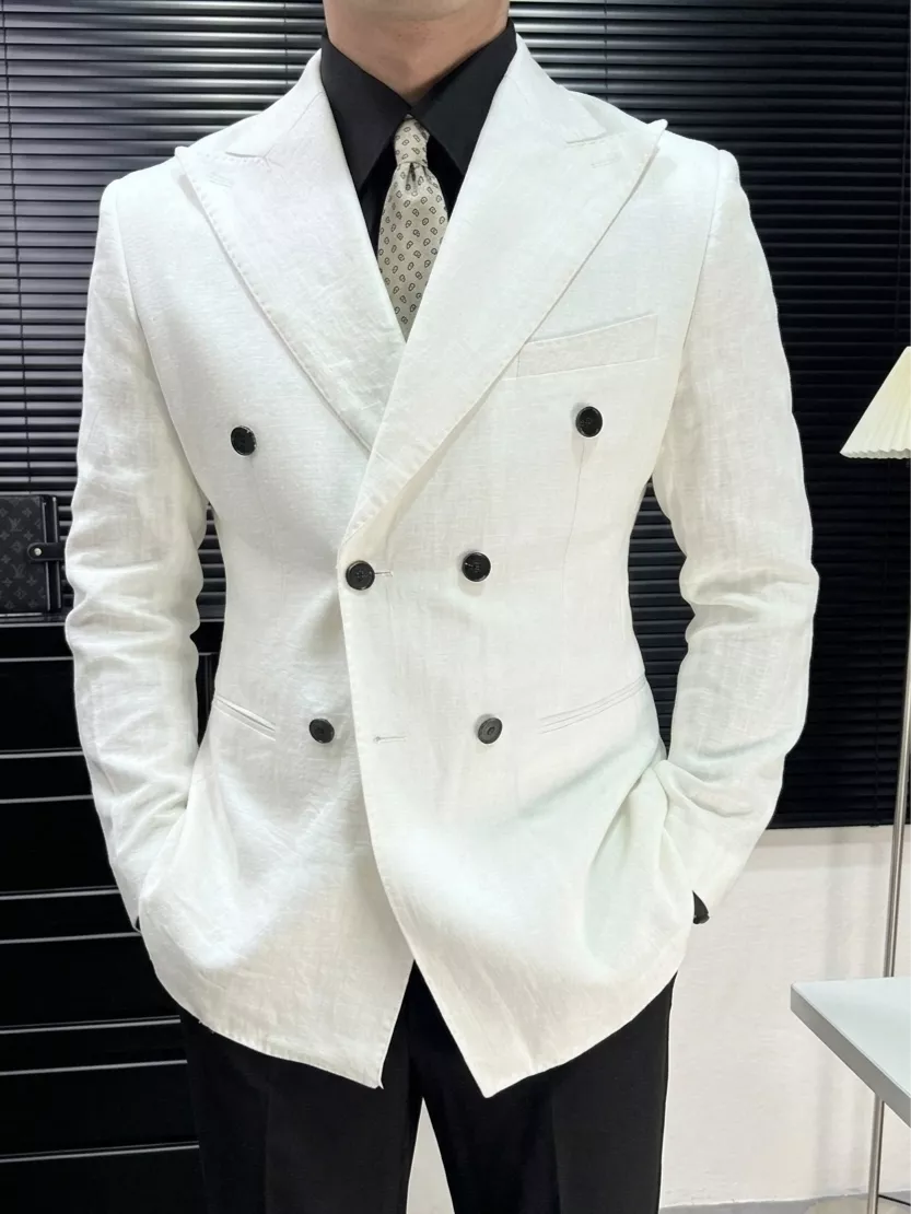 Linen Double Breasted Blazer — Black / White / Forest Green