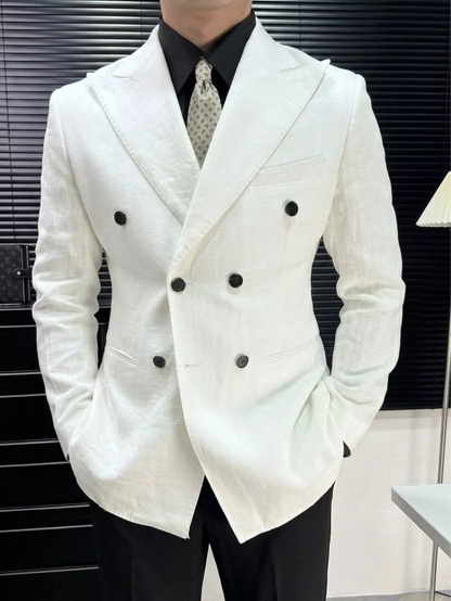 Linen Double Breasted Blazer — Black / White / Forest Green