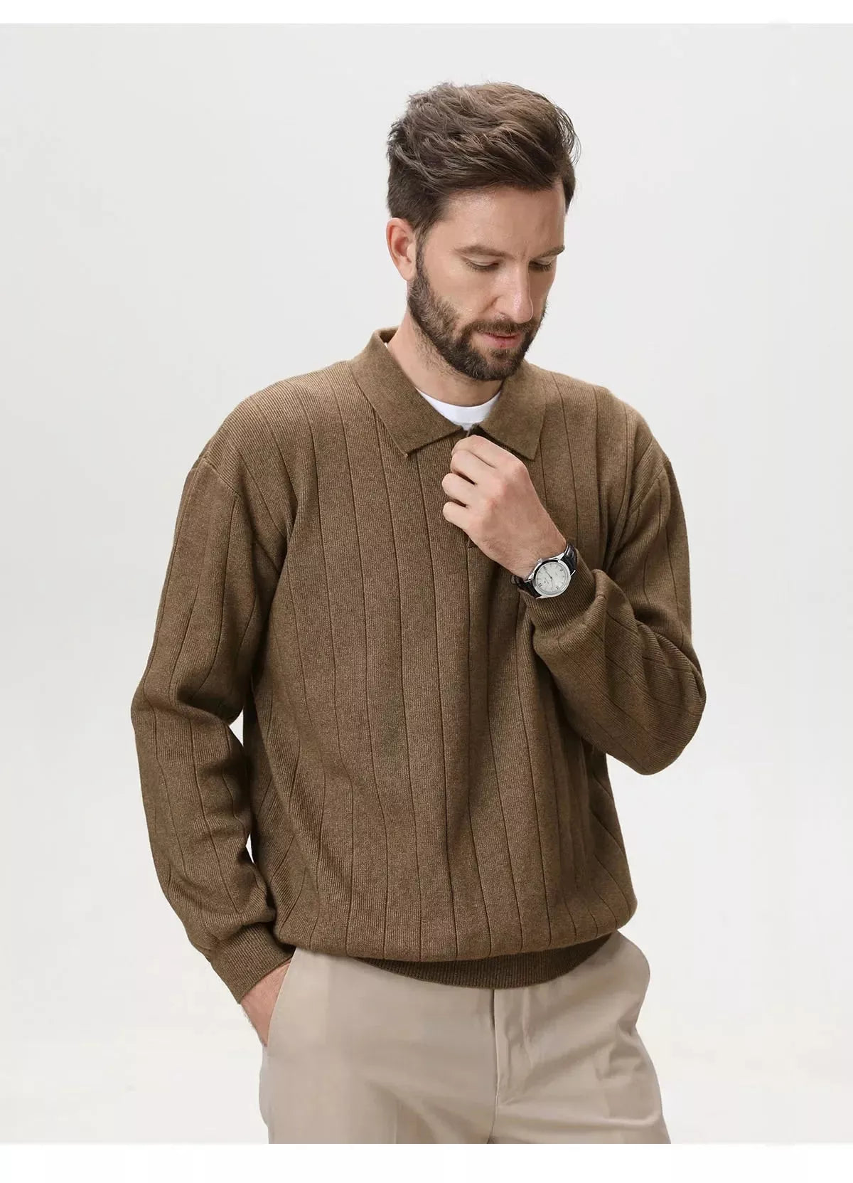 Polo Collar Sweater Vertical Ribbed - Polo Collar Sweater Vertical Ribbed Alex Shogun Men's Clothes