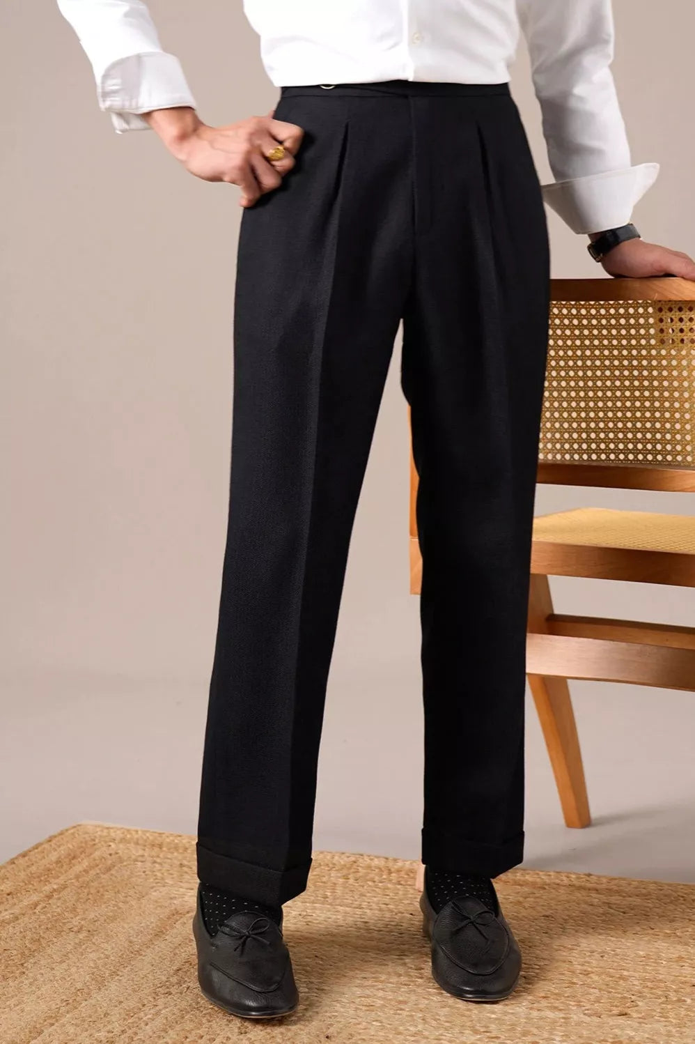 Double Pleat High-Waist Trousers | Burgundy & Black - Men's High-Waist Double Pleat Trousers | Dress Pants | AlexShogun Alex Shogun Men's Clothes