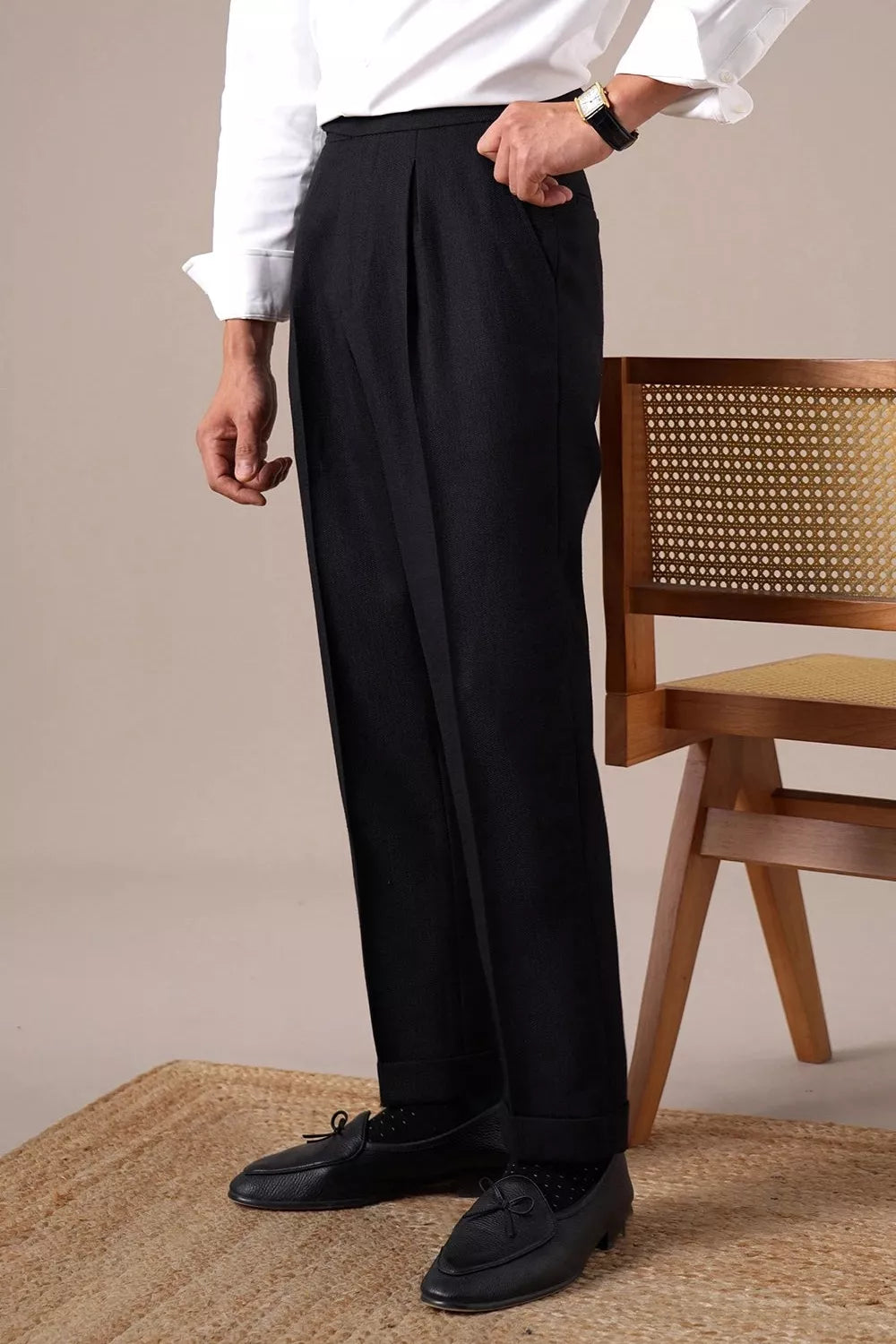 Double Pleat High-Waist Trousers | Burgundy & Black - Men's High-Waist Double Pleat Trousers | Dress Pants | AlexShogun Alex Shogun Men's Clothes