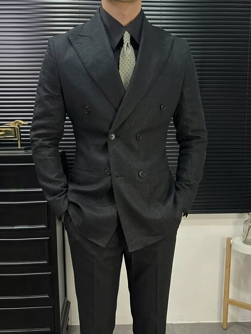 Linen Double Breasted Blazer — Black / White / Forest Green