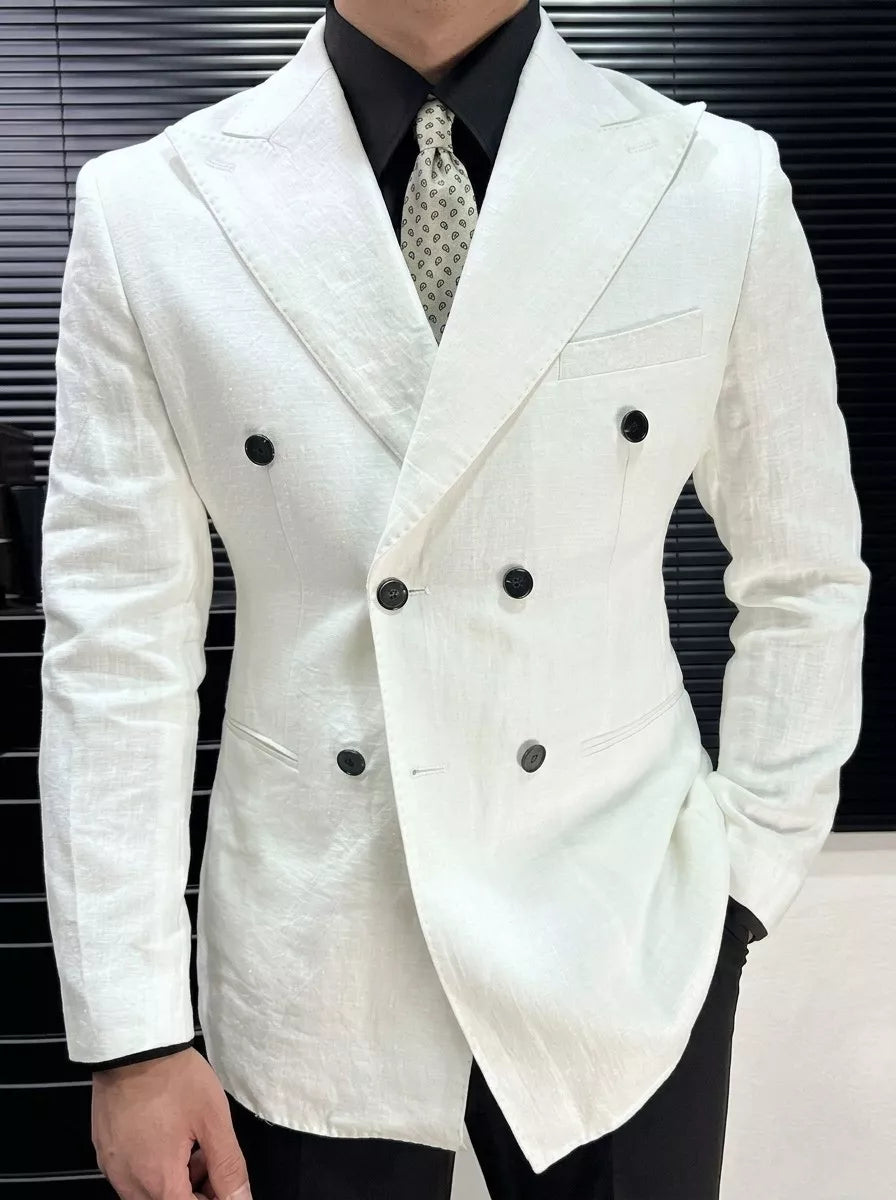 Linen Double Breasted Blazer — Black / White / Forest Green