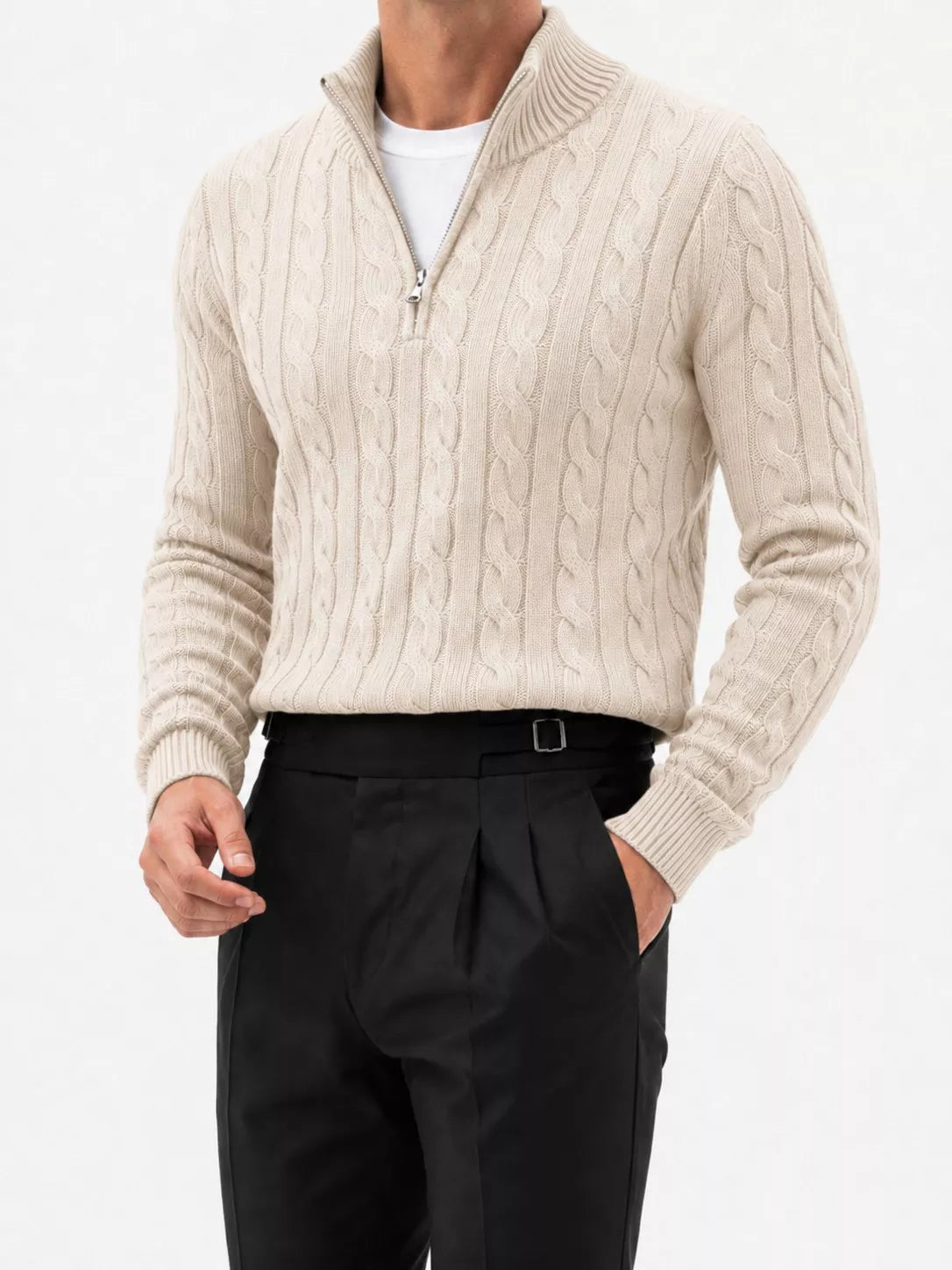 Zopfmuster-Strickpullover mit kurzem Reißverschluss