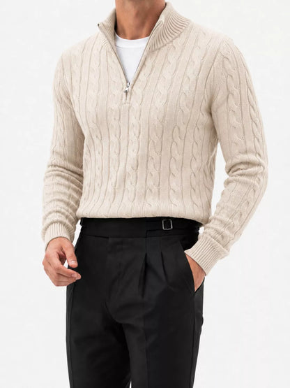 Zopfmuster-Strickpullover mit kurzem Reißverschluss