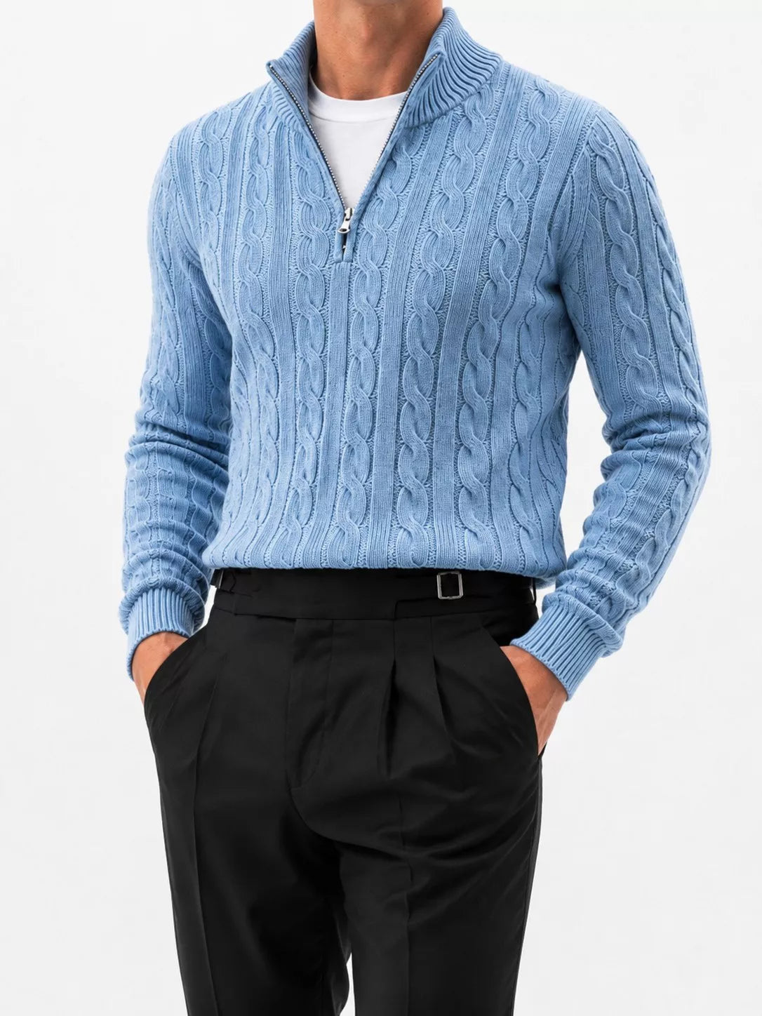 Zopfmuster-Strickpullover mit kurzem Reißverschluss