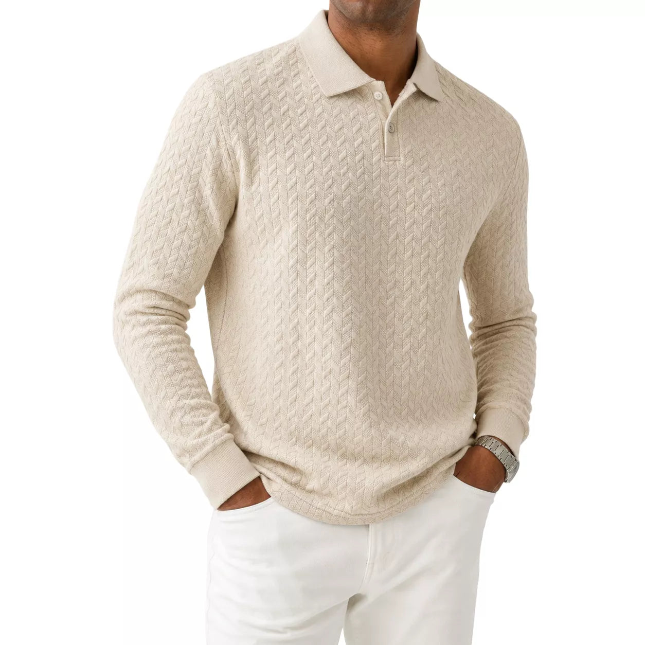 The Herringbone Long-Sleeve Knit Polo - Herringbone Knit Polo —  | Long Sleeve | AlexShogun.store Alex Shogun Men's Clothes