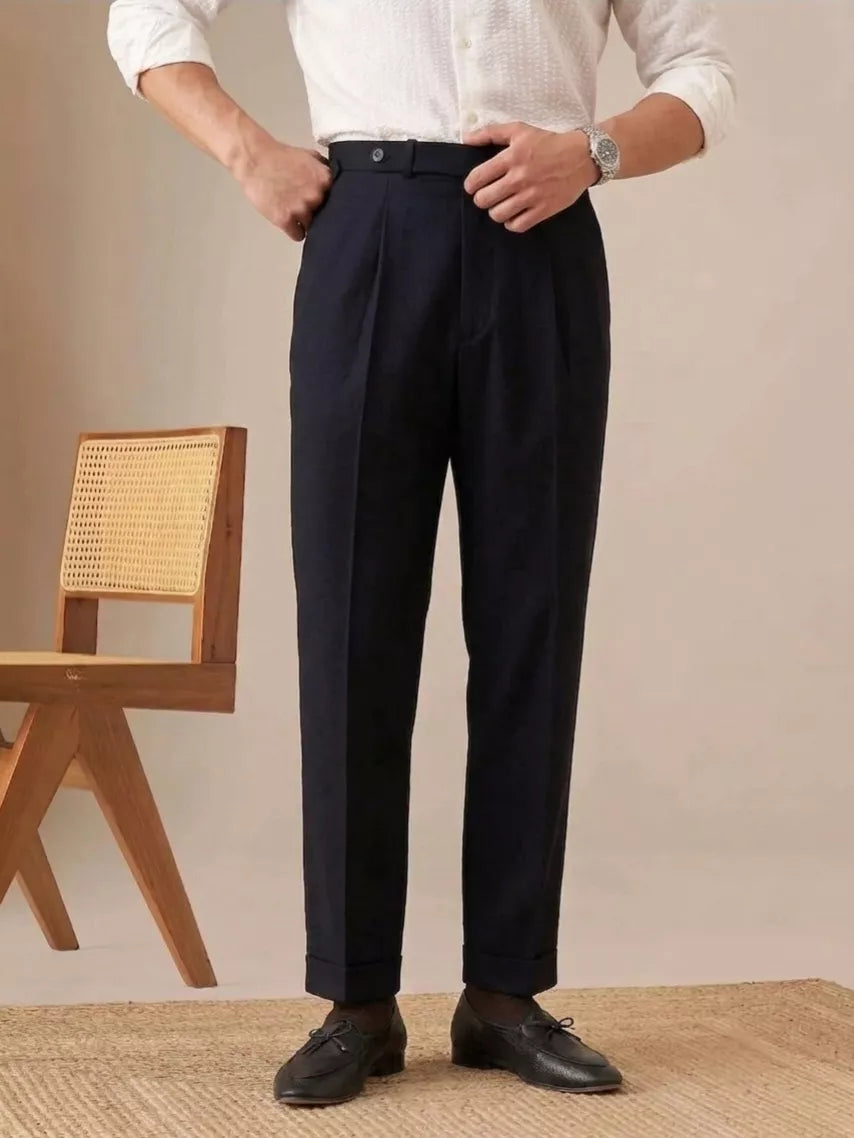 Sovereign Pleat Trousers — Black & Navy - Men's High-Waist Pleated Wool Blend Trousers | Dress Pants AlexShogun Alex Shogun Men's Clothes