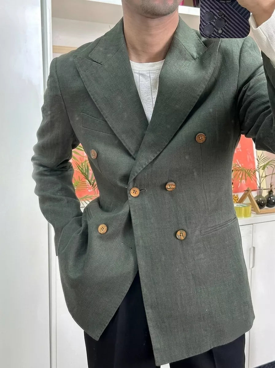 Linen Double Breasted Blazer — Black / White / Forest Green