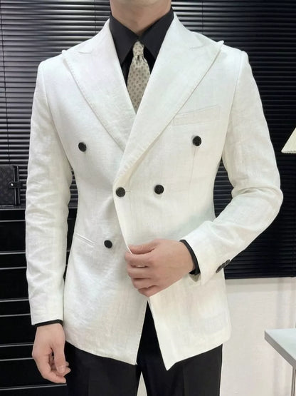Linen Double Breasted Blazer — Black / White / Forest Green