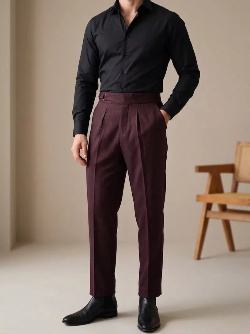 Double Pleat High-Waist Trousers | Burgundy & Black - Men's High-Waist Double Pleat Trousers | Dress Pants | AlexShogun Alex Shogun Men's Clothes
